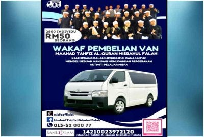 Pelajar tahfiz memerlukan van untuk pengangkutan. Foto: Maahad Tahfiz Al-Quran Misbahul Falah