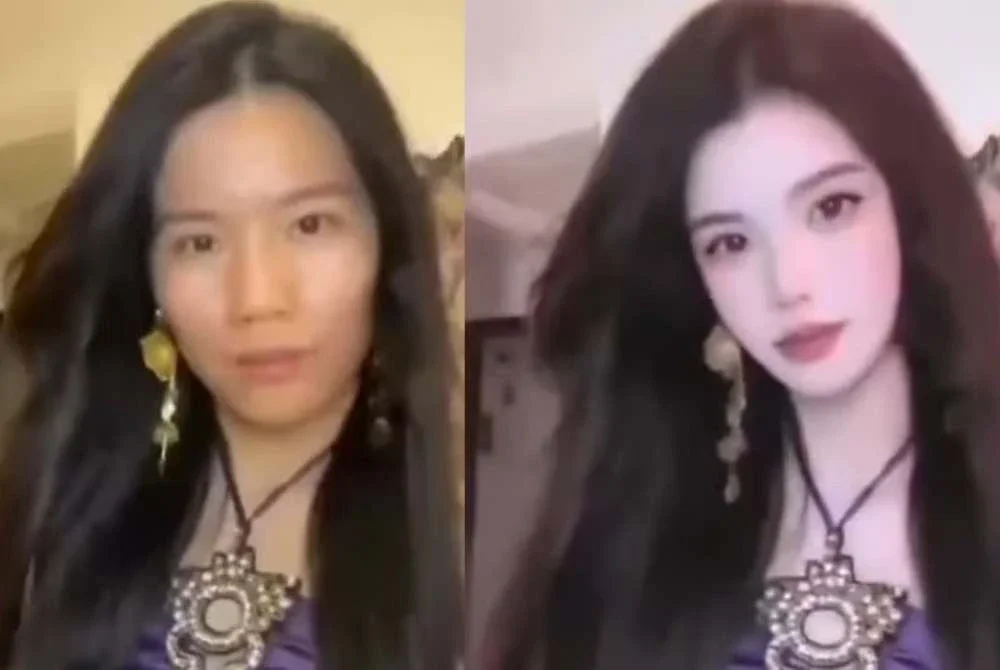 Wajah asal (kiri) dan semasa menggunakan filter. Foto Agensi