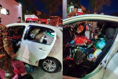 Mangsa ditemui meninggal dunia di tempat duduk pemandu dalam sebuah kereta yang dipenuhi pelbagai barangan di sebuah stesen minyak di Paya Terubong pada malam Ahad. Foto Bomba
