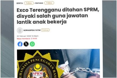 Laporan Sinar Harian pada Ahad berhubung penahanan Exco berkenaan. 