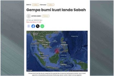 Laporan Sinar Harian pada Isnin berhubung kejadian gempa bumi kuat yang melanda Sabah. 