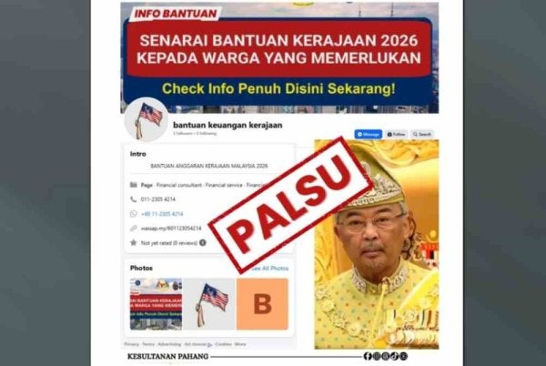 Klip video palsu yang memaparkan wajah menyerupai Sultan Abdullah menggunakan AI telah tersebar. Foto Facebook Kesultanan Pahang