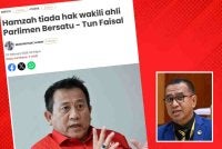 Laporan Sinar Harian mengenai kenyataan Tun Faisal bahawa Hamzah tiada hak wakili ahli Parlimen Bersatu. Gambar kecil: Zainol Fadzi