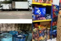 Tong dram berisi minyak sawit mentah, lori serta mercun dan bunga api tanpa permit yang dirampas Pasukan Polis Marin Wilayah Dua.