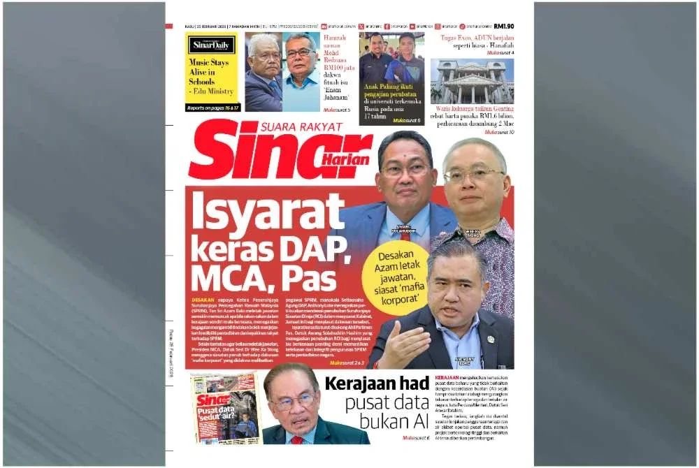 Laporan muka depan Sinar Harian pada Rabu berhubung desakan bebebrapa parti terhadap Azam supaya meletak jawatan susulan kontroversi pemilikan saham