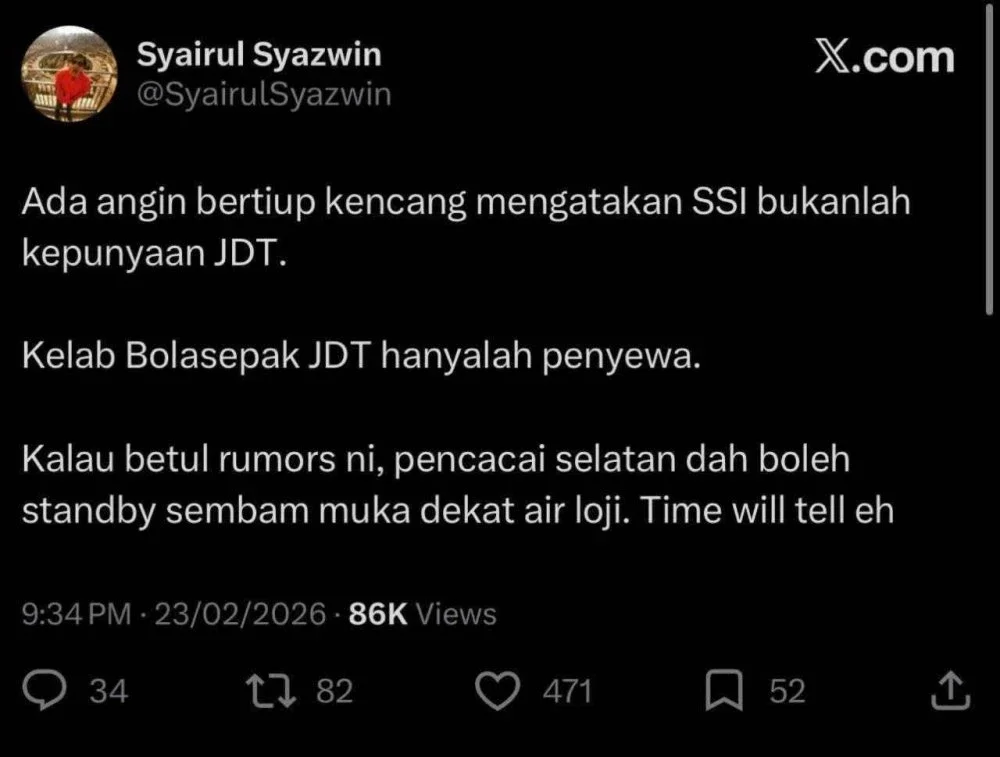 Tangkap layar laman X mengenai muat naik mendakwa SSI bukan kepunyaan JDT.