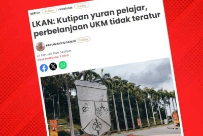 Menurut LKAN 1/2026 yang dibentangkan di Dewan Rakyat pada Isnin, UKM dikesan berdepan ketakteraturan serius dan pelanggaran tatakelola dalam kutipan hasil yuran pelajar dan perbelanjaan di universiti itu.