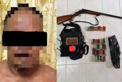 Suspek ditahan bersama senapang yang digunakan semasa kejadian.