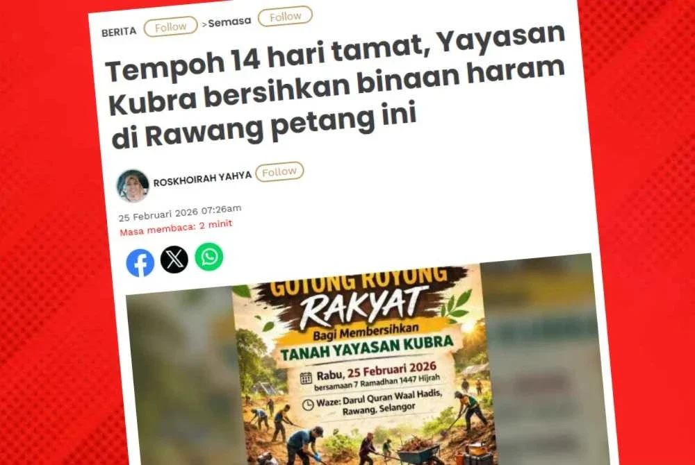 Yayasan Kubra telah melaksanakan tindakan pembersihan binaan haram di tapak tanah milik berdaftarnya di Rawang Perdana pada Rabu.