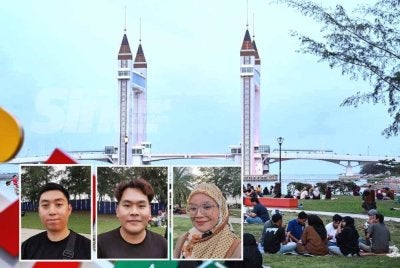Suasana tenang di Tanjung berlatar belakang pemandangan jambatan angkat menjadikan ia sebagai antara lokasi menarik untuk berbuka puasa. Gambar kecil: Dari kiri: Adam, Muhammad Alif dan Nor Ainn