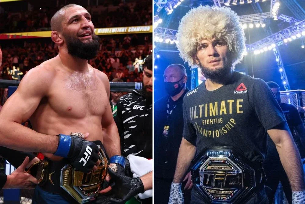 Khamzat (kiri) memasang impian untuk muncul juara dua divisyen UFC dan enggan memikirkan sama mampu bersara dengan rekod tanpa kalah seperti dilakukan Khabib. - Foto: Agensi