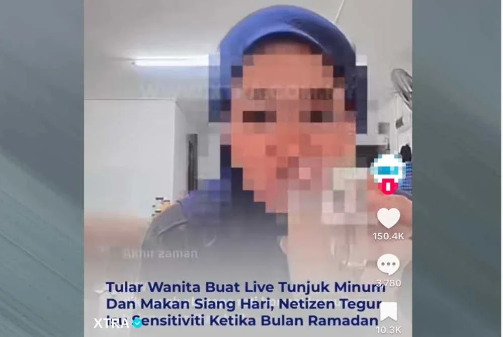 Tangkap layar video tular wanita minum air sambil buat siaran langsung.
