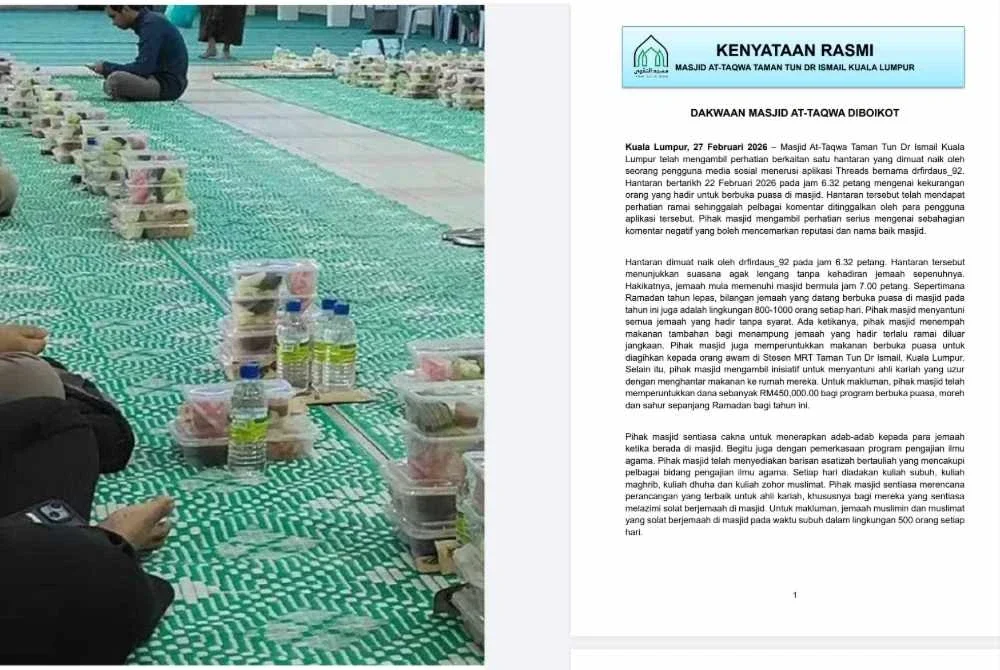 Suasana ketika menunggu waktu berbuka puasa di Masjid At-Taqwa TTDI didakwa diboikot dan dikongsi seorang pengguna Threads di media sosial sehingga mendapat perhatian ramai.