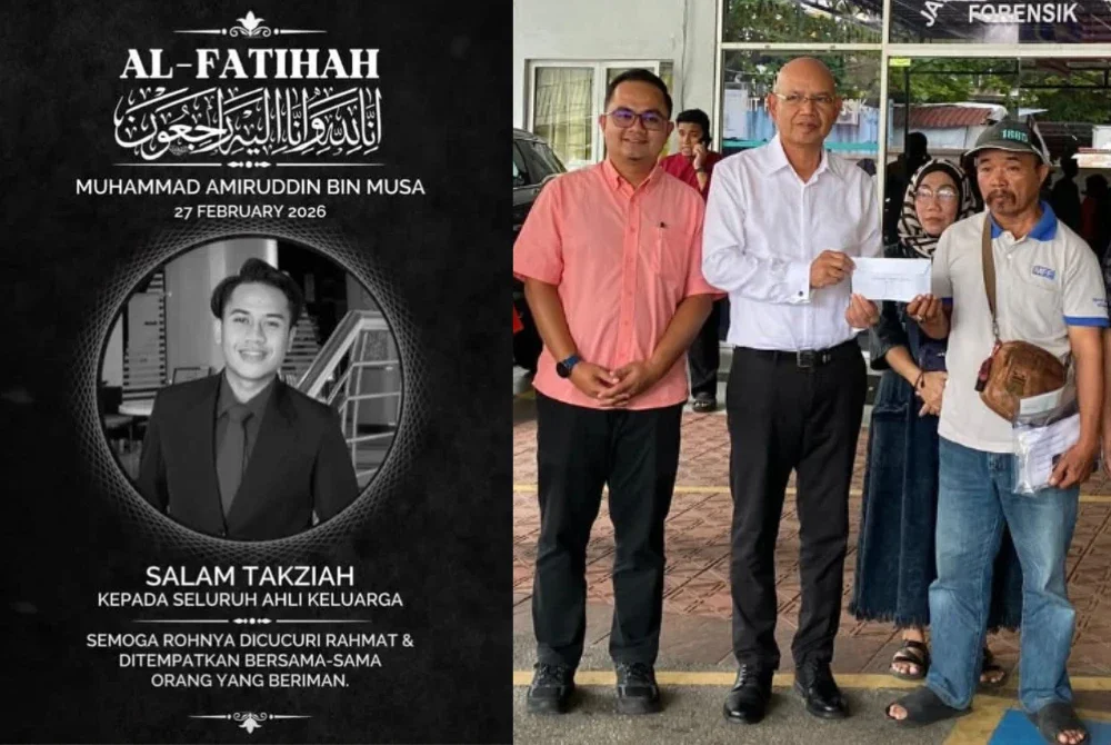 Ahmad Martadha (tengah) menziarahi keluarga Allahyarham serta menyampaikan sumbangan sebagai tanda solidariti warga universiti terhadap keluarganya.