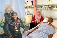 Rosirdawatie disamping suamiya Mazrie yang kini sudah 51 hari koma akibat diragut. 