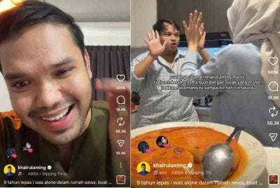 Khairul Aming (kiri) menangis melihat video pengikutnya yang gembira apabila berjaya mencuba resipi puding karamel.