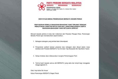 Kenyataan yang dikongsi Bersatu Perak di media sosial pada Jumaat.