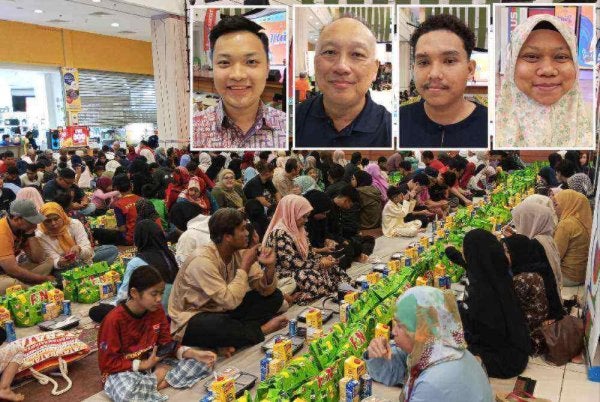 Suasana meriah Jelajah Iftar Sinar Mydin 2026 di Mydin Mutiara Rini. - Gambar kecil dari kiri San Shien, Teck Siong, Muhamad Aiman dan Nadia