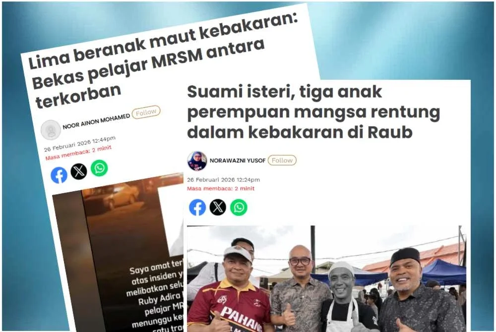 Laporan Sinar Harian tentang insiden kebakaran yang mengorbankan bapa mereka, Mohd Alawi Muhammad, 56, dan ibu, Zaleha Adam @ Ibrahim, 44, serta tiga lagi adik-beradik.
