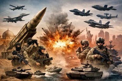 Gambar janaan AI menggambarkan situasi genting jika berlaku perang antara AS dan Iran. 