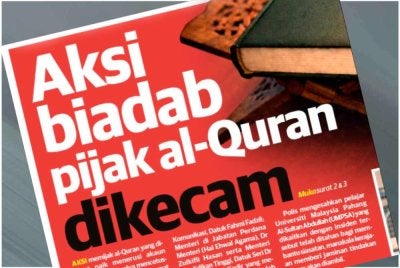 Laporan muka depan Sinar Harian mengenai isu pelajar disyaki pijak al-Quran. 