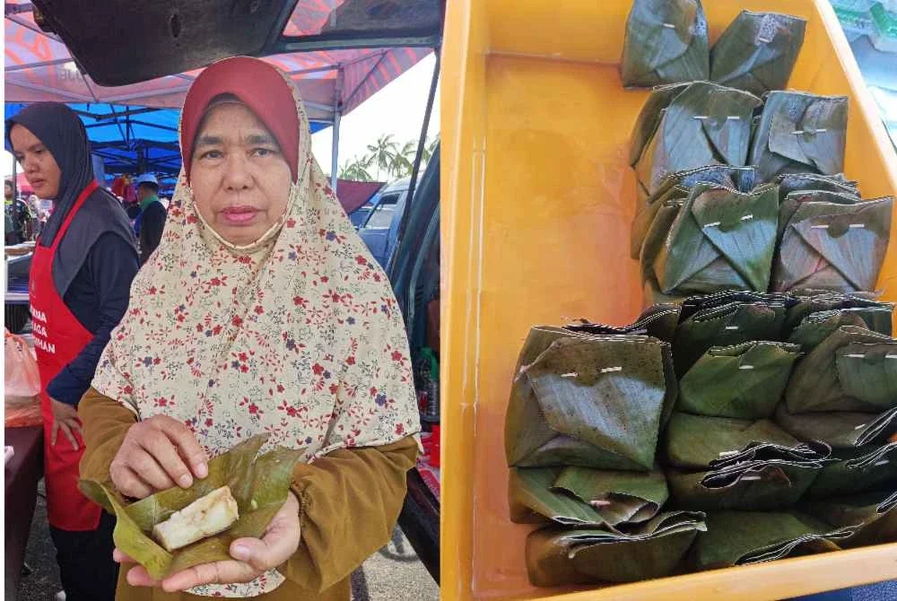 Kasdi menunjukkan kuih jongkong dihasilkannya.