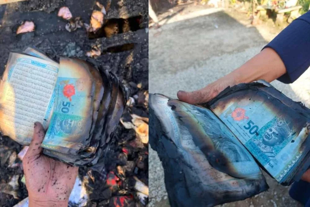 Keadaan wang yang disimpan di dalam al-Quran tidak terbakar sepenuhnya.