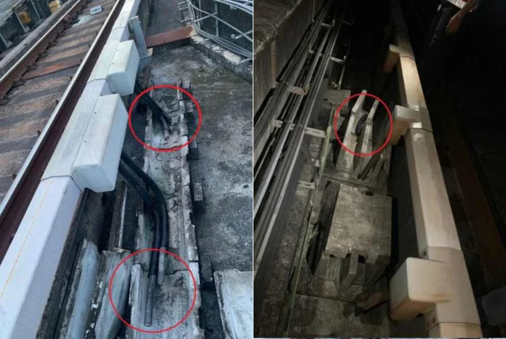 Keadaan kabel bekalan kuasa yang telah dipotong dan dikesan pada awal pagi tadi berhampiran Stesen Damansara Damai.