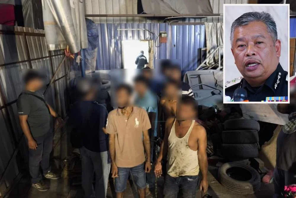 JIM menyerbu sebuah bengkel kenderaan di Klang yang dijadikan 'safe house' sindiket seludup migran. - Gambar kecil ( Zakaria)