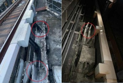 Keadaan kabel bekalan kuasa yang telah dipotong dan dikesan pada awal pagi tadi berhampiran Stesen Damansara Damai.