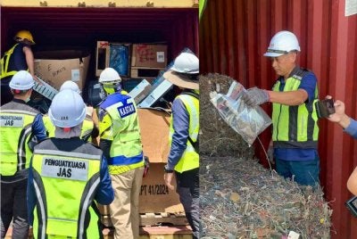 Pasukan operasi diketuai AKPS melakukan pemeriksaan kontena berisi e-waste dan bahan buangan terjadual di Pelabuhan Barat, Klang pada Selasa. Foto: AKPS
