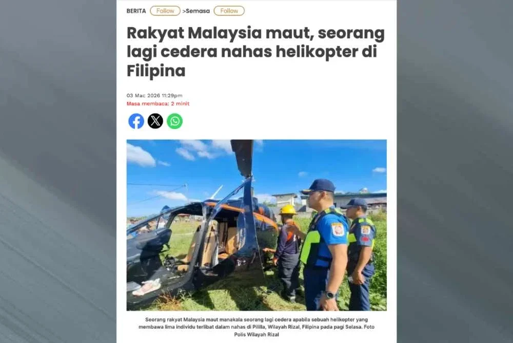 Laporan Sinar Harian berhubung kematian seorang rakyat Malaysia dalam nahas helikopter di Filipina pada Selasa.