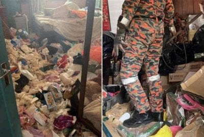 Seorang wanita warga emas ditemukan meninggal dunia dalam sebuah rumah yang penuh dengan longgokan sampah. Foto JBPM Perak 