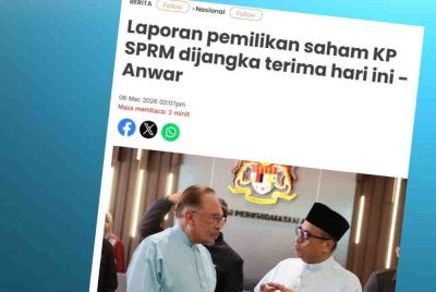 Laporan Sinar Harian mengenai kenyataan Anwar berhubung laporan pemilikan saham KP SPRM.