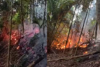 Bomba terpaksa mendaki bukit sejauh dua kilometer untuk sampai ke lokasi kebakaran. Foto bomba