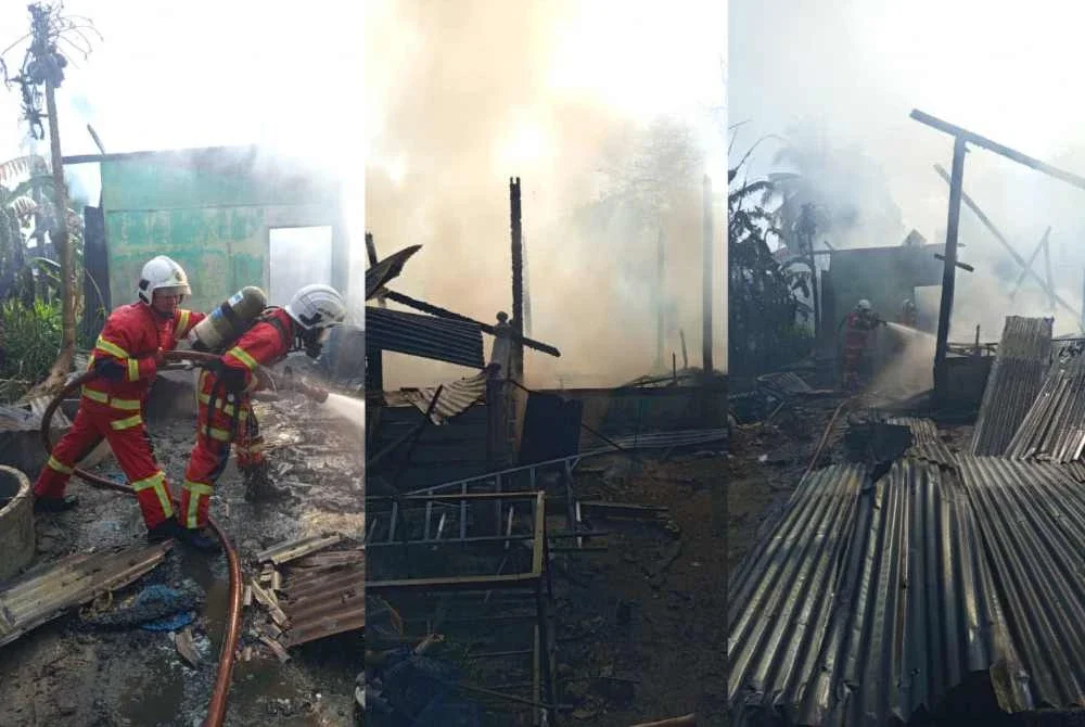 Anggota JBPM dari BBP Bachok sedang melakukan tugas memadam kebakaran. Foto:JBPM