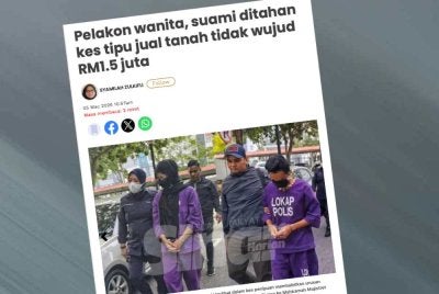 Laporan Sinar Harian pada Khamis berhubung kes tipu jual tanah tidak wujud disyaki membabitkan pelakon wanita berkenaan dan suami. 