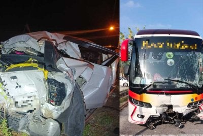 Keadaan Mitsubishi Triton dinaiki mangsa selepas dilanggar bas ekspres ketika berhenti di lampu isyarat Kilometer 14, Jalan Pekan-Kuantan di sini pada Ahad.
