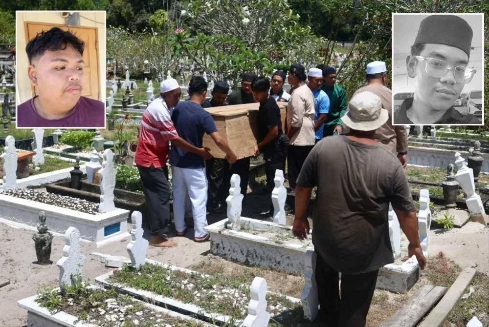 Jenazah Allahyarham selamat dikebumikan di Tanah Perkuburan Islam Syeikh Ibrahim, Jalan Pusara, di Kuala Terengganu pada Isnin. Gambar kecil: Mohamad Syakir (kiri) dan Allahyarham Ahmad Azreeq Zafreen.