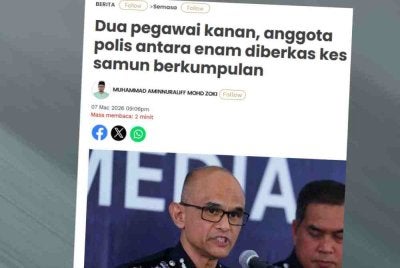 Laporan Sinar Harian mengenai dua pegawai kanan dan anggota polis antara enam diberkas kes samun berkumpulan.