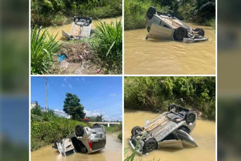 Wanita warga emas maut selepas kereta Myvi dipandu terbabas masuk sungai di Pekan Batu Kikir. Foto PDRM