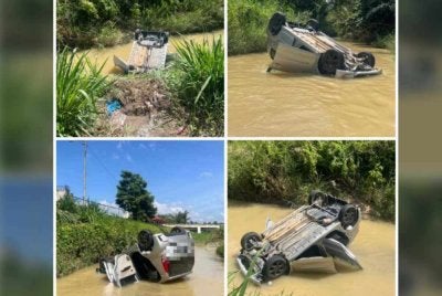 Wanita warga emas maut selepas kereta Myvi dipandu terbabas masuk sungai di Pekan Batu Kikir. Foto PDRM