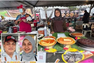 Noor Safinah menunjukkan pelbagai kuih di gerainya di Bazar Ramadan Paroi Jaya, Seremban. - Gambar kecil, Sahendri (kiri) dan Nor Sara