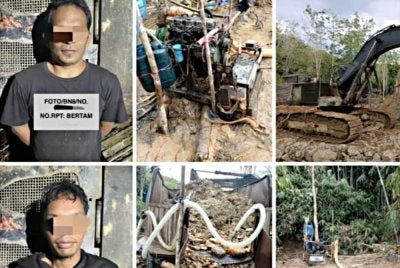 Antara individu yang ditahan selepas Pasukan Gerakan Am menyerbu kegiatan perlombongan emas haram di Kampung Limau Kasturi, Gua Musang - Foto:PGA