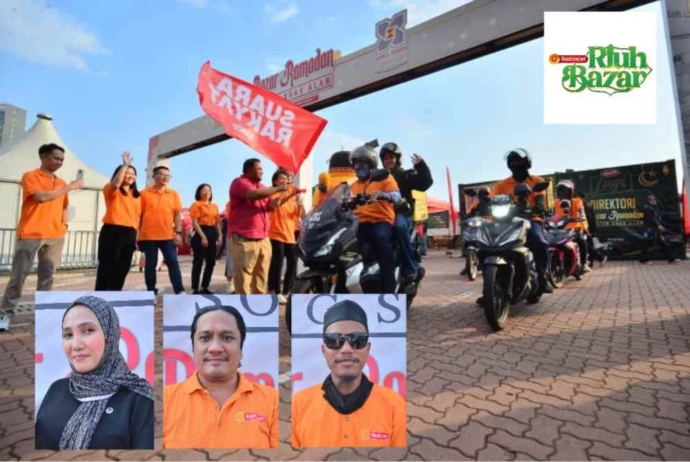 Pengurus Besar Jualan Iklan Sinar Harian, Airol Fadley Limin menyempurnakan pelepasan rider pada program Redoxon Riuh Bazar: Dari Sahur Hingga Iftar, Nutrisi Penuh Makna pada Rabu. Gambar kecil: Dari kiri: Nor Sazlyzah, Zairin Zailan dan Muhammad Fahsyar 