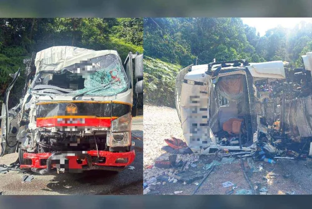Kepala treler dipandu mangsa yang remuk selepas terbalik dan bertembung dengan lori. Foto: PDRM