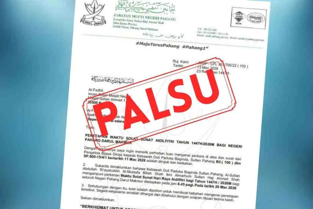 Jabatan Mufti Negeri Pahang mengesahkan bahawa satu dokumen yang tular di media sosial berkaitan penetapan waktu solat sunat Aidilfitri bagi negeri ini adalah palsu.