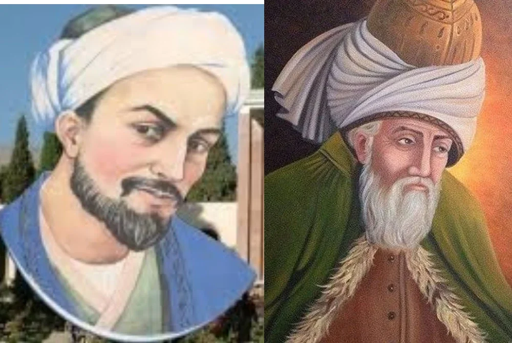 Penyair besar Iran, Saadi Shirazi pernah menulis bait yang terkenal di seluruh dunia dan Penyair sufi terkenal Iran, Jalaluddin Rumi (kanan)