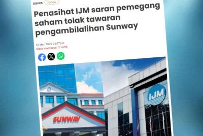 Penasihat bebas IJM pada Jumaat dilapor berkata, tawaran pengambilalihan oleh Sunway pada harga RM3.15 sesaham adalah tidak adil dan tidak munasabah.