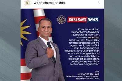 Presiden Persekutuan Bina Badan Malaysia (MBBF), Karim Abdullah telah digantung oleh Persekutuan Bina Badan dan Sukan Fizikal Dunia (WBPF) berkuat kuasa pada 7 Mac lalu.